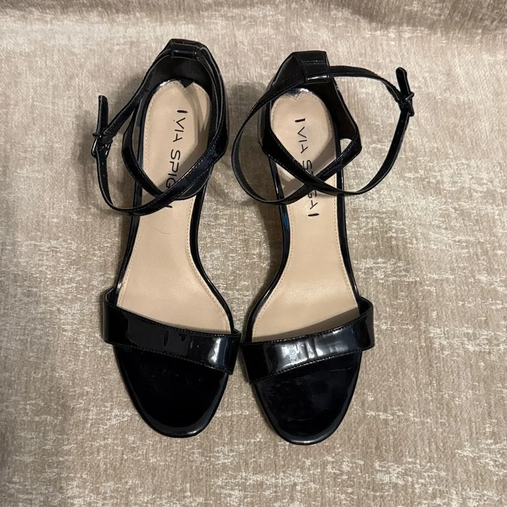 Via Spiga Black Patent Leather Ankle Strap Heels
